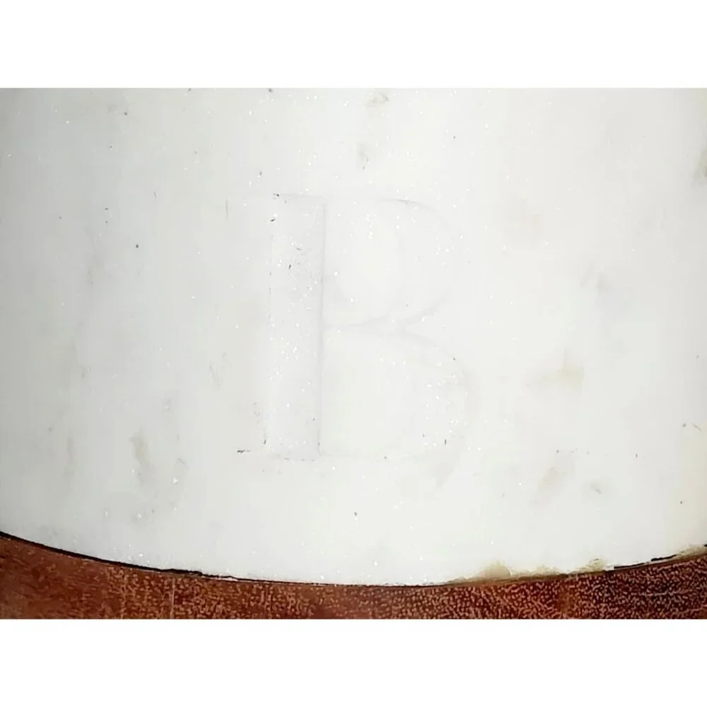 Etched B Monogram Wood Coasters Set with White Heavy Marble Holder Wood Base